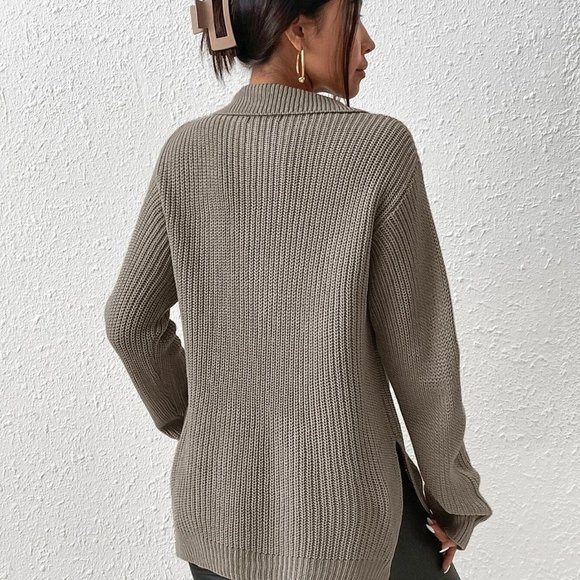 Casual Half Zip Split Hem Sweater Khaki - Picture 2 of 5